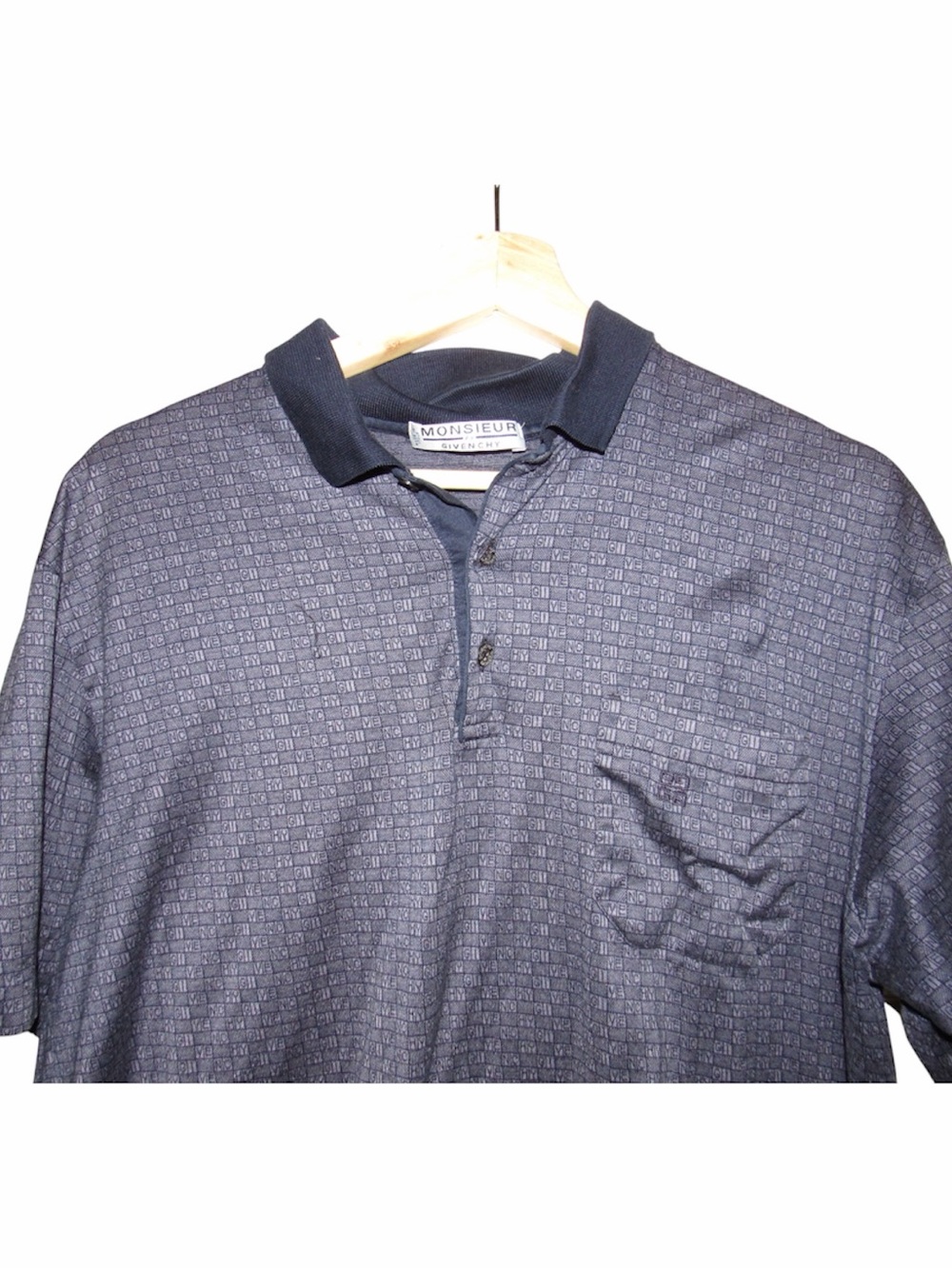 Vintage Givenchy Monsieur Shirt Polo Blue Monogram Short Sleeve Mens Size Large